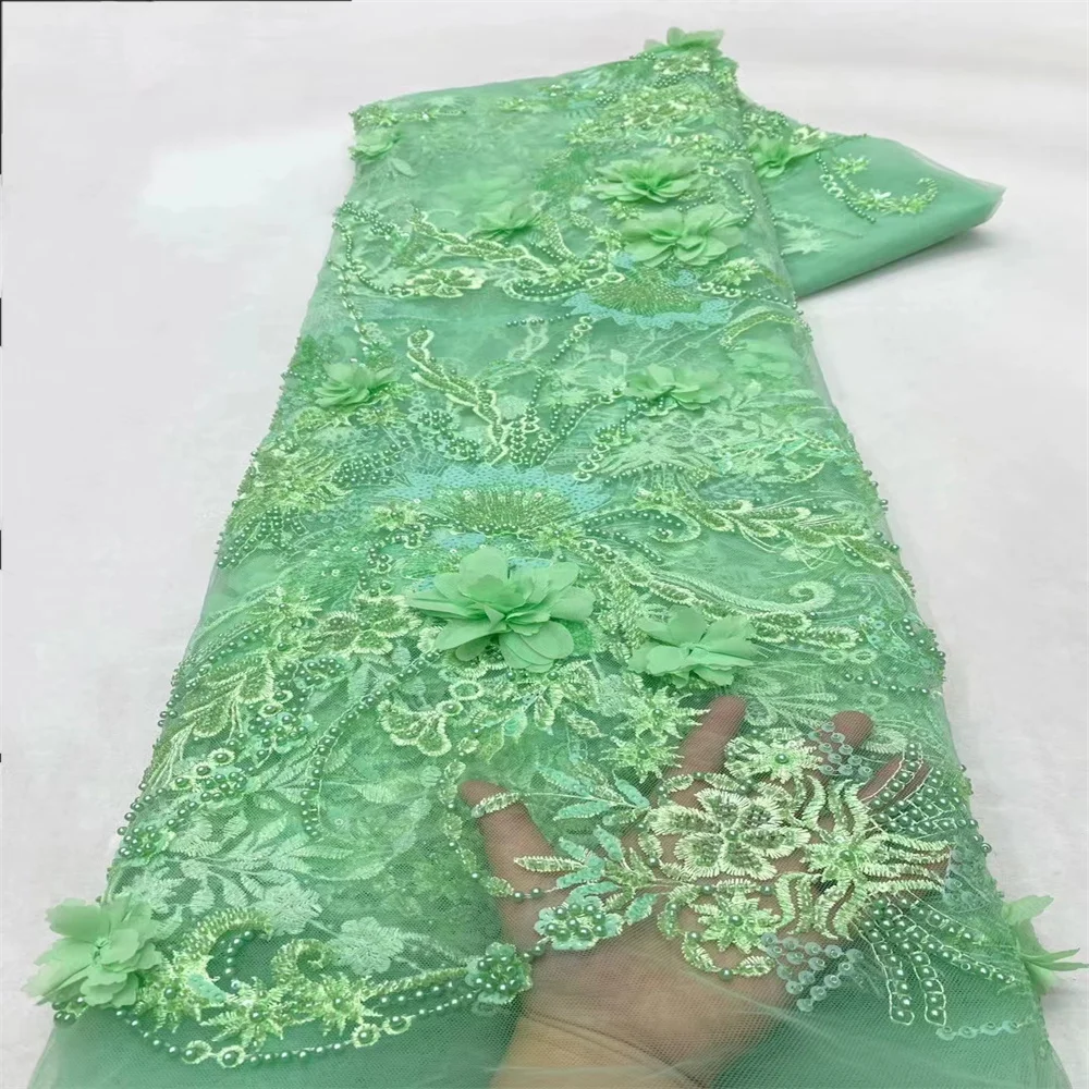 Tela de encaje con cuentas de lentejuelas francesas de flores 3d, materiales nupciales suaves, tela de encaje de tul africano nigeriano, costura para vestido de fiesta, 2024