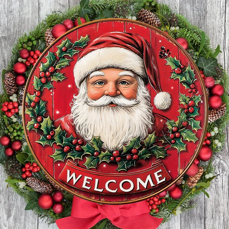 2D Flat, Santa Claus Welcome Christmas Wreath Sign - 2D Relief Wooden Wall Hanging with Holly & Berries, Festive Red Background,