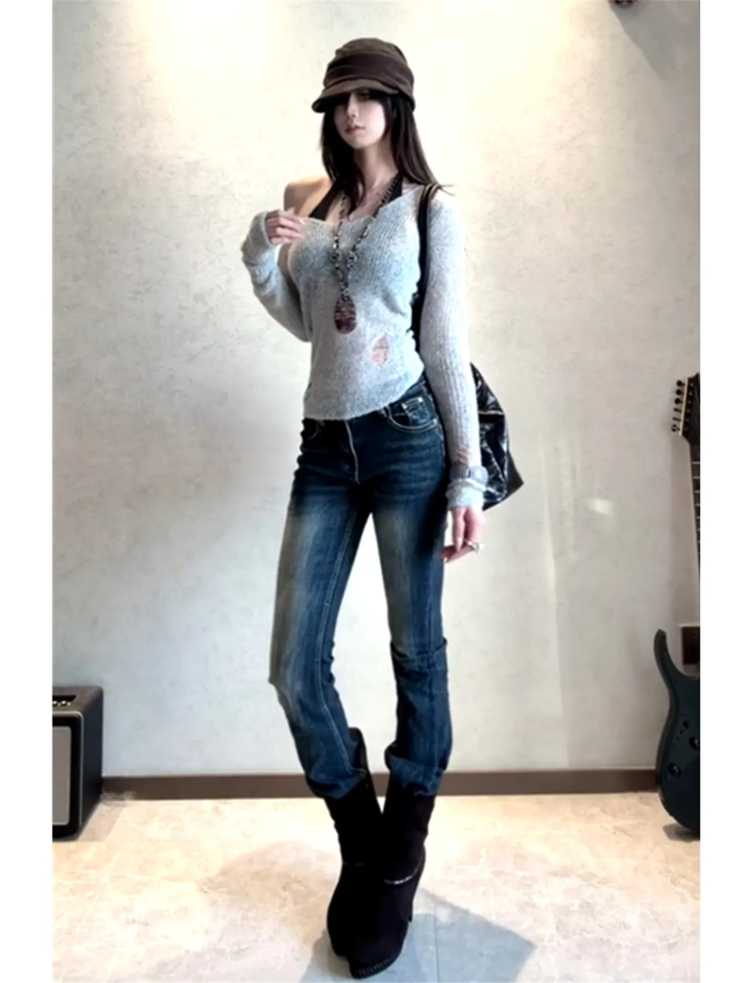 

Vintage Low Waist Bell Bottom Jeans Women's Slimming Straight Leg Pants High Rise Extended Length Casual Cotton Denim