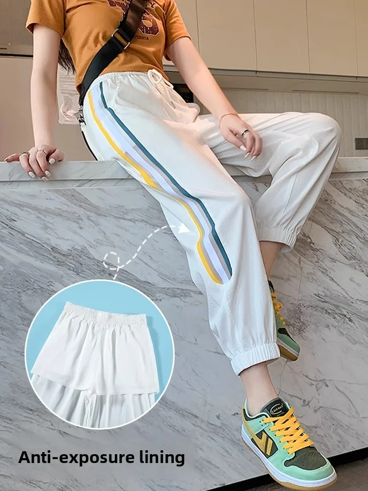 

Ice Silk Qui Dry Sports Pants Women Summer Thin White Nine Points Cuffed Anti-Mosquito Pants High Waist Straight Leg Commut...