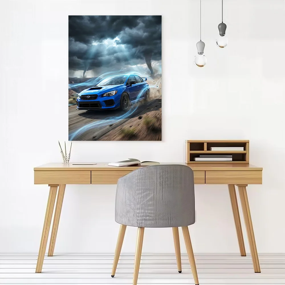 Blue Sports Car WRX STI in a Tornado Canvas Poster Customizable Printed Canvas Painting Wall Art for Fans Walls Decoration Room