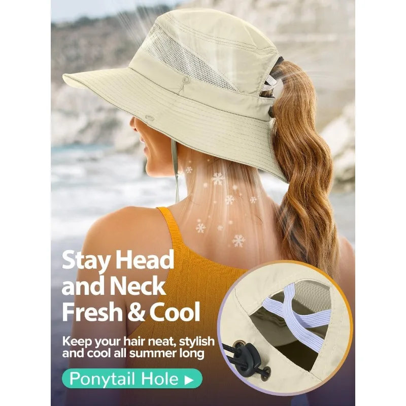 Beach Hats for Women with Ponytail Hole,Sun Protection UV UPF50+ Waterproof Fishing Safari Hiking Hat