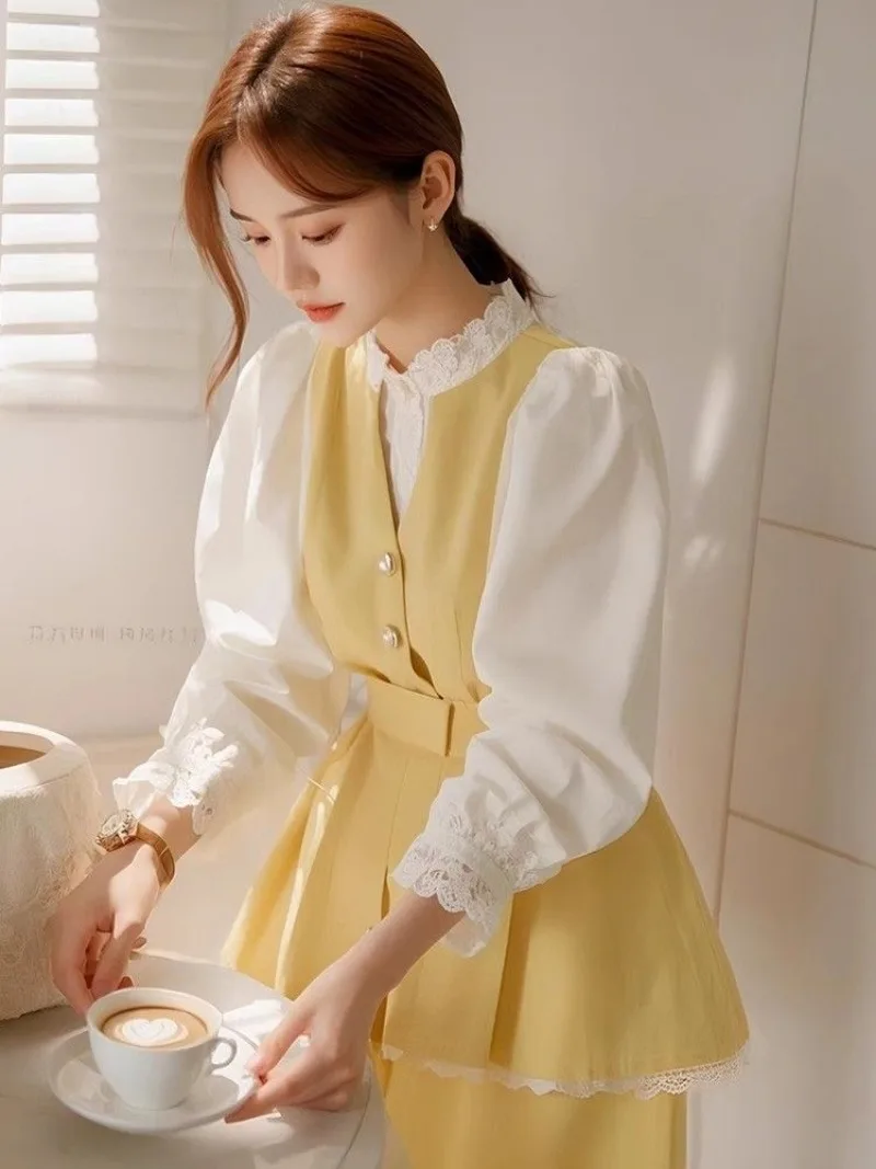 

Новая французская элитная элегантная блузка женская мода осенняя кружевная кромка контрастного цвета с длинным рукавом повседневная тонкая длинная рубашка топ