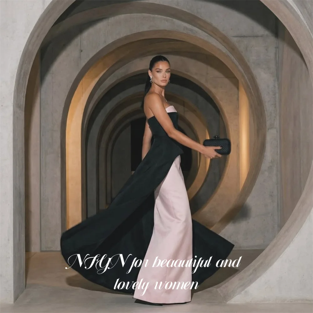 NFYN Black and Blush Pink Satin Prom Dresses Strapless Sleeveless Evening Dress Straight فساتين السهرة Party Dress Customized