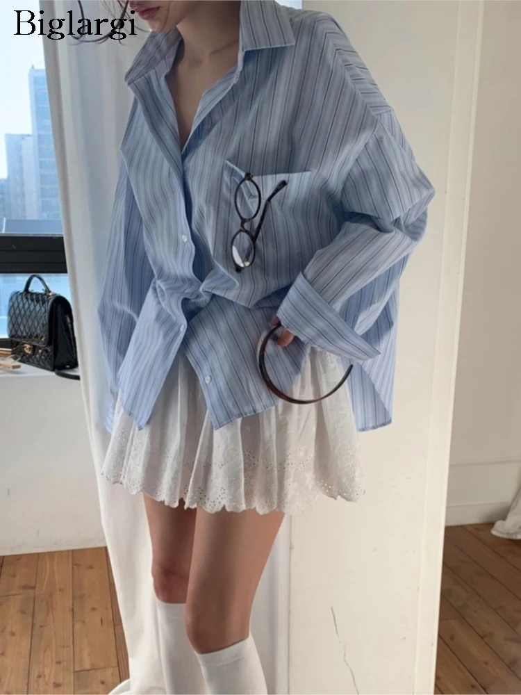 

Vintage Striped Print Shirt Women New Fashion Long Sleeve Korean Style Ladies Shirts Tops Casual Loose Woman Shirt