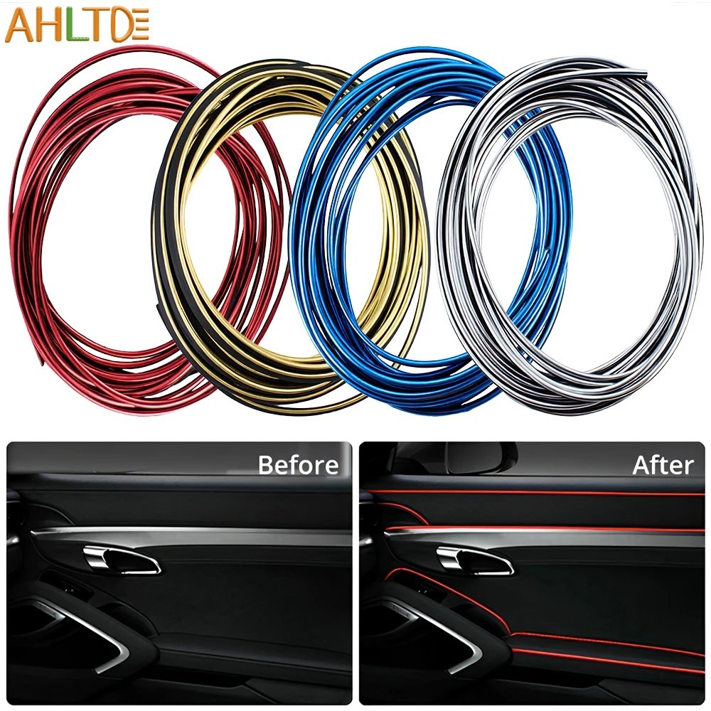 1Pc Universal Auto Moulding Decoration Flexible Strip 5M Interior Car Trim Dashboard Line Metal Effect Door Edgein Styling Tools