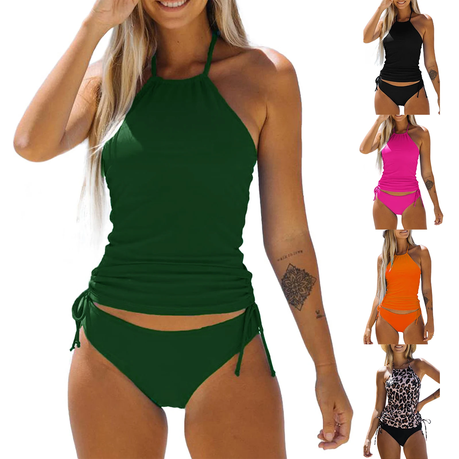 Women's 2 Piece Outfits Swimwear Bikini Set Coquette Sexy Halter Sleeveless Backless Crop Tops Solid Color Panties