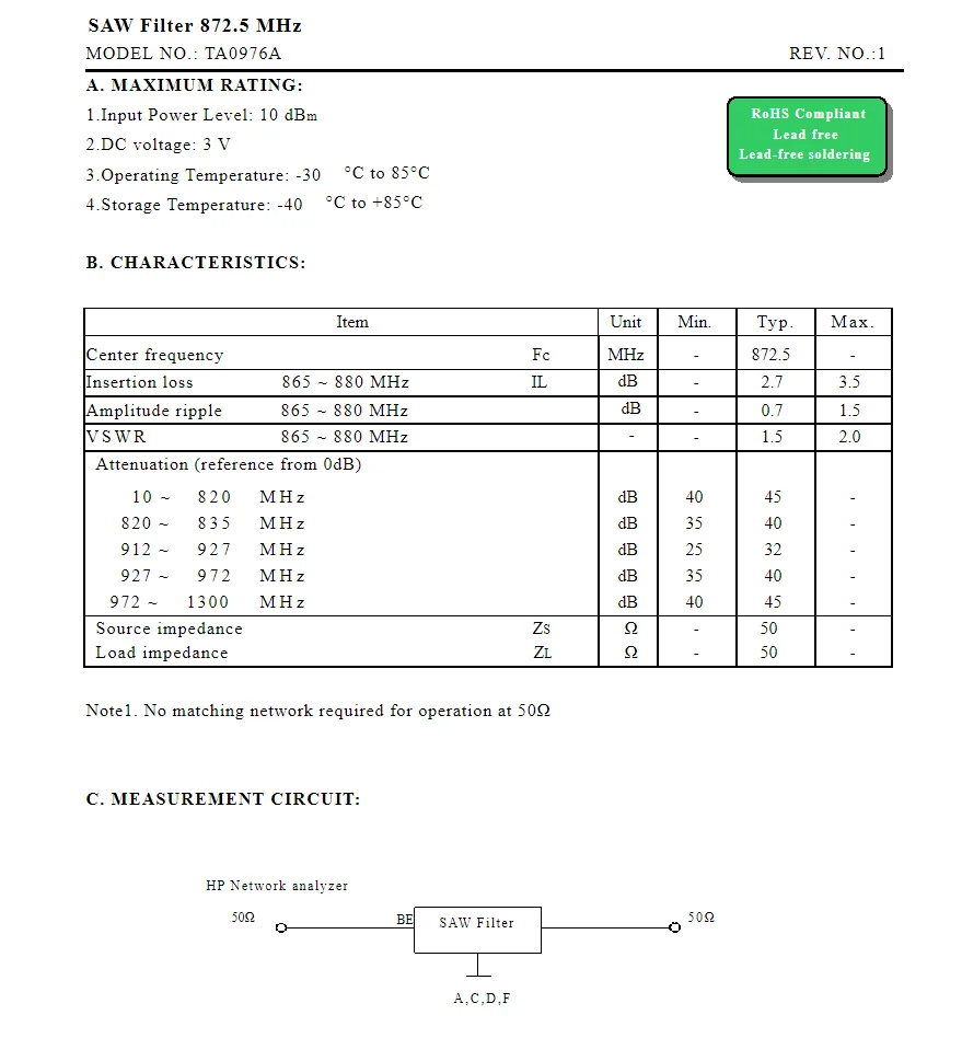 TA0976A Código DP Brand New Original 872.5MHz Embalado SMD SAW Filtro, 20Pcs