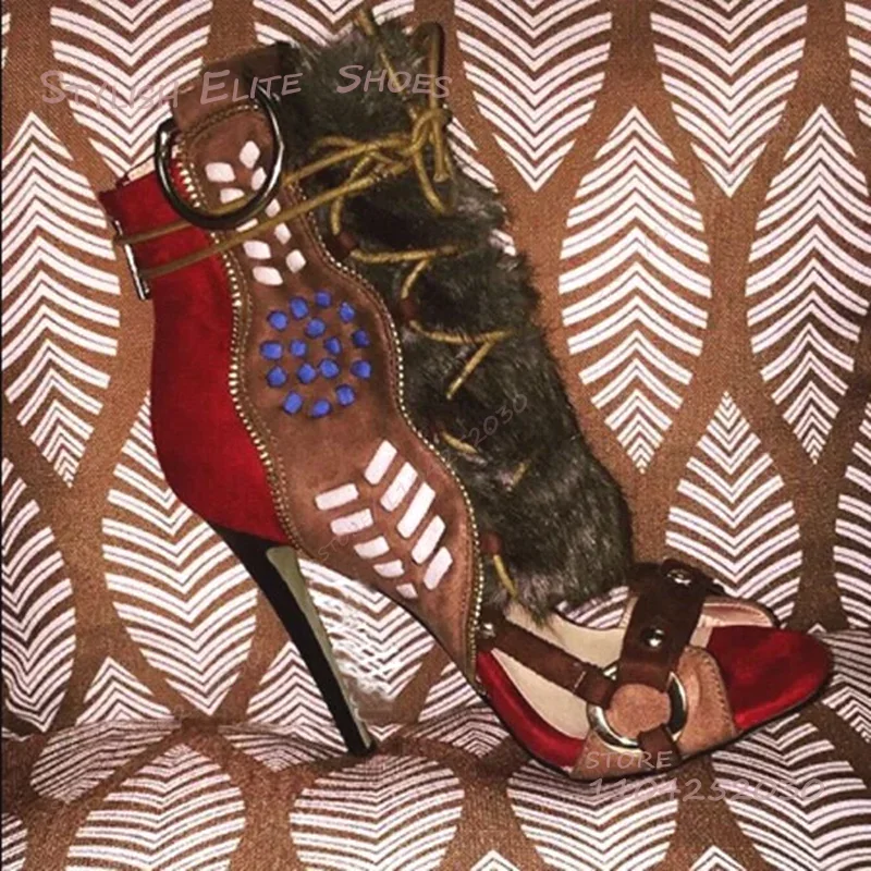 Gray Velvet Rope Wrapped Reddish Brown Boots Women Open Stiletto Suede Sandals Fringe Totem Print Cool Girl Wild Lace Heels Shoe