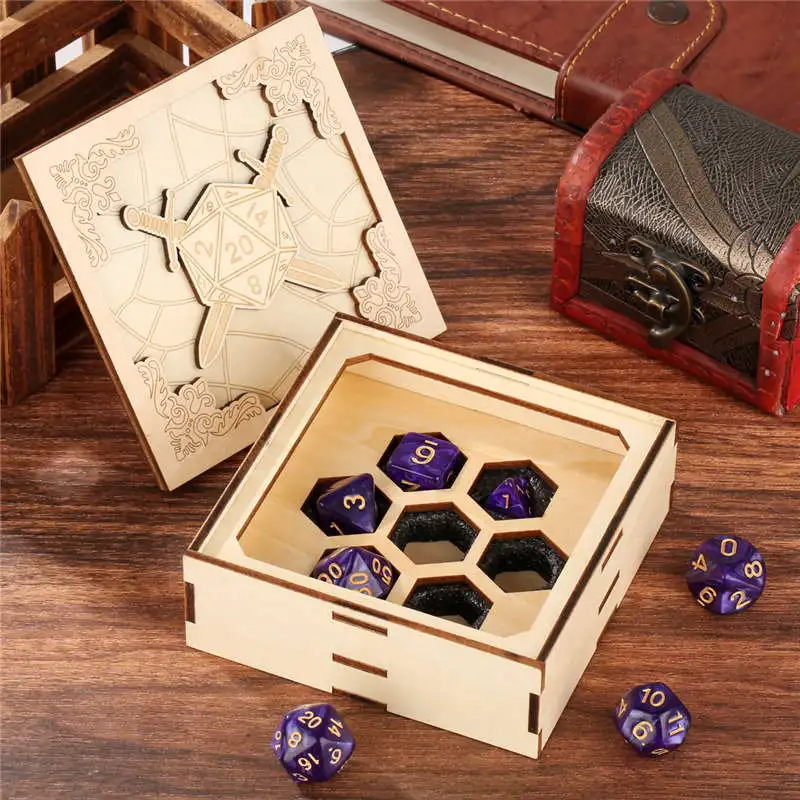 

Wooden D20 Dual Swords Design Dice Storage Container with 7 Purple Polyhedral Dices RPG Board Game Accessory Player Gift