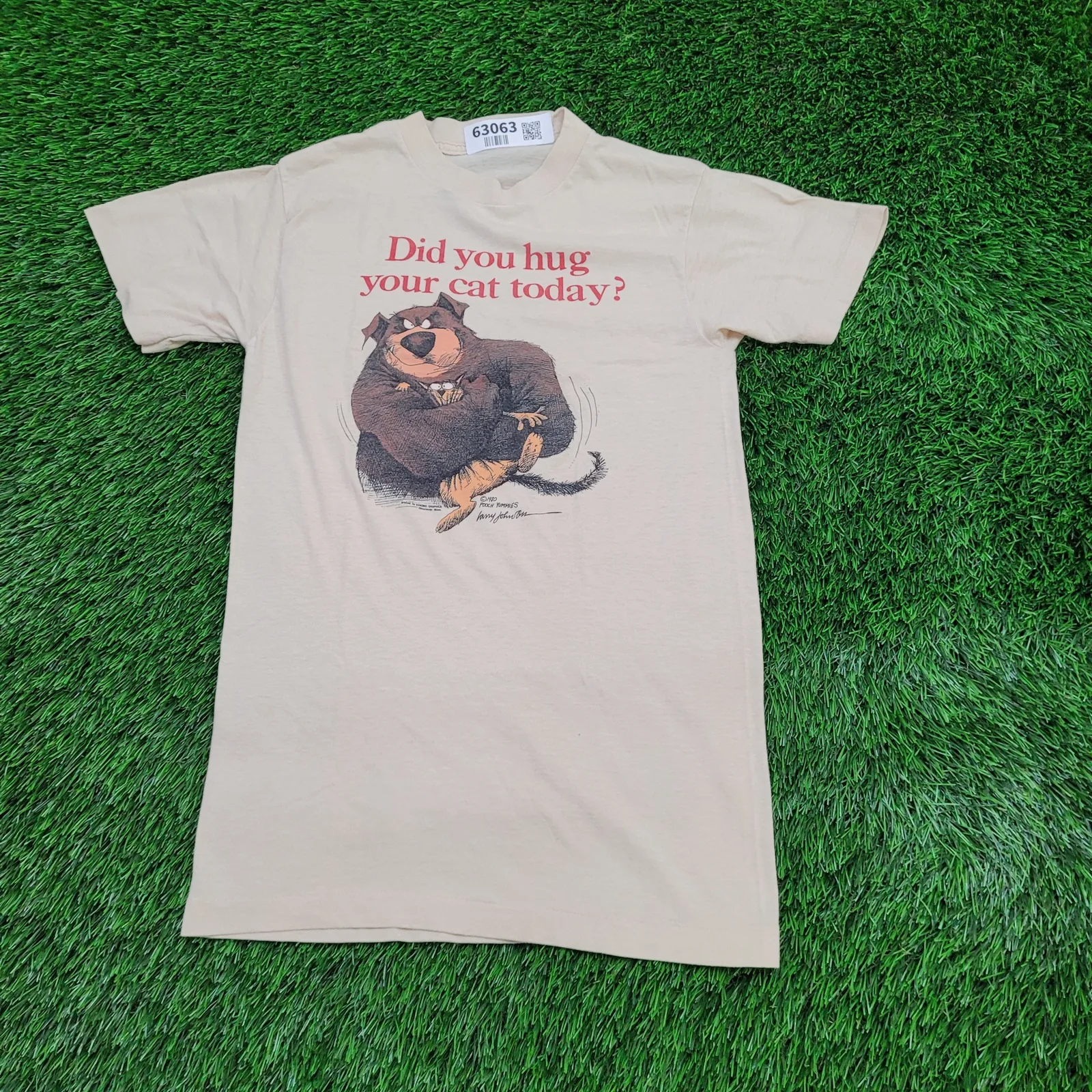 Vintage 1980 Funny Dog Cat Statement Hug Art Shirt XS 16x26 Pooch-Yummies USA