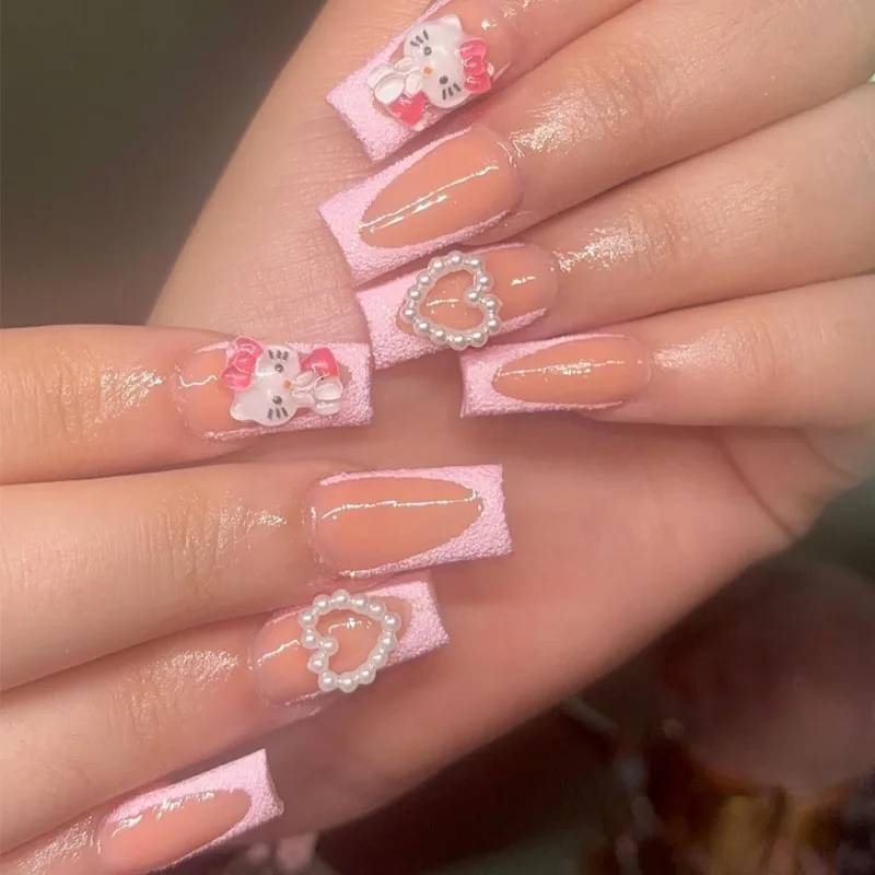 

24Pcs False Nail Tips Hello Kitty Y2k Acrylic Press on Nails Pearl Love Pink French Design Fake Nails Kawaii Sanrio Girls Gifts