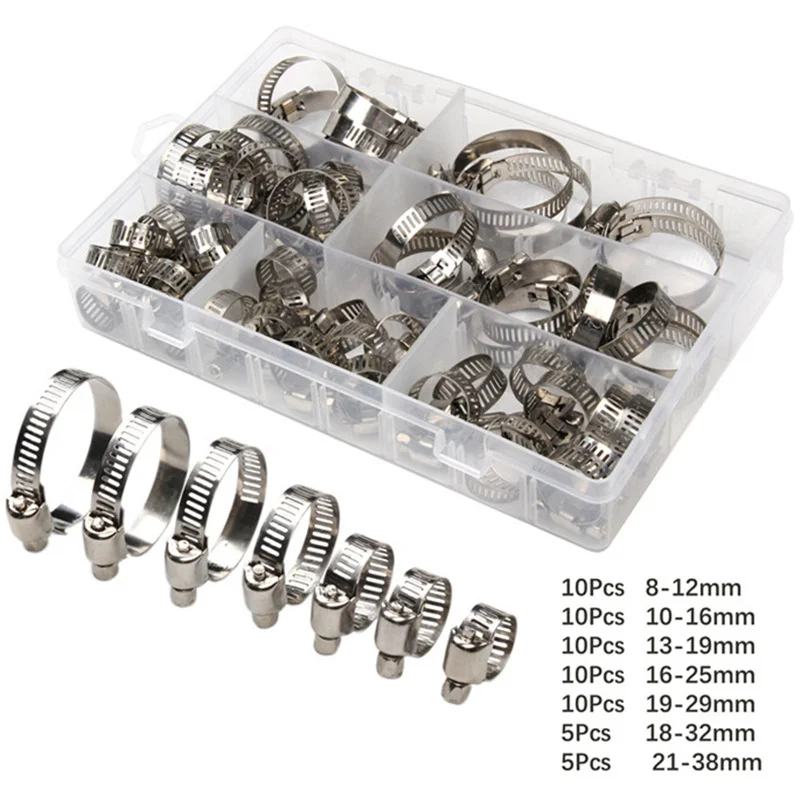 

60pcs Boxed 201 Stainless Steel/ American Style Strong Clamp Hose Clamp Oil Pipe Clamp 8-38mm Set