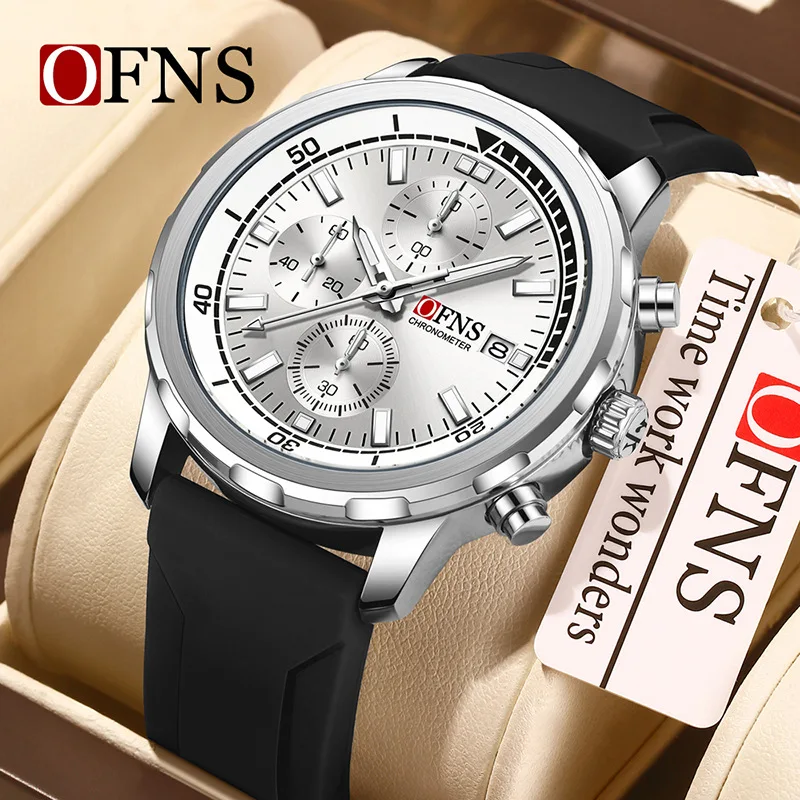 Ofns Men's Quartz Watch Chronograph 3 Eyes Six Hands Multifunctional Luminous Dial Date Display Waterproof Sports Casual Watches