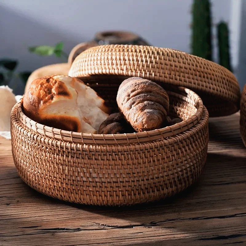 

Rattan Wicker Storage Box with Cover, Round Handwoven Tray, Bread Food Plate, Fruit Cake Platter, Dinner Serving Basket