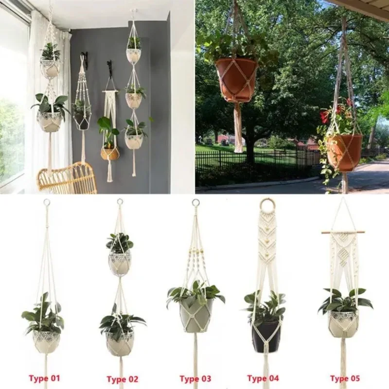 Flowerpot Plant Holder Hand-knitted Cotton Rope Wall Hanging Flowerpot Holder Basket