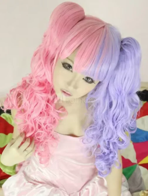 Wholesale Purple Pink Split Color Lolita Long Curly Fashion Cosplay Party Wig Hair