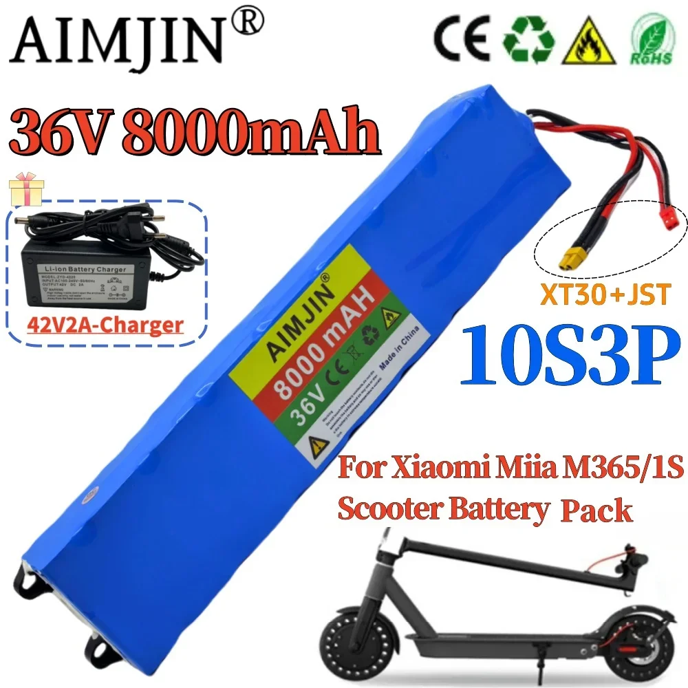 샤오미 미지아 M365 용 충전식 리튬 배터리 팩, 스쿠터 전기 스쿠터, BMS 포함, 36V, 8000mAh, 10S3P, 36V, 8.0Ah