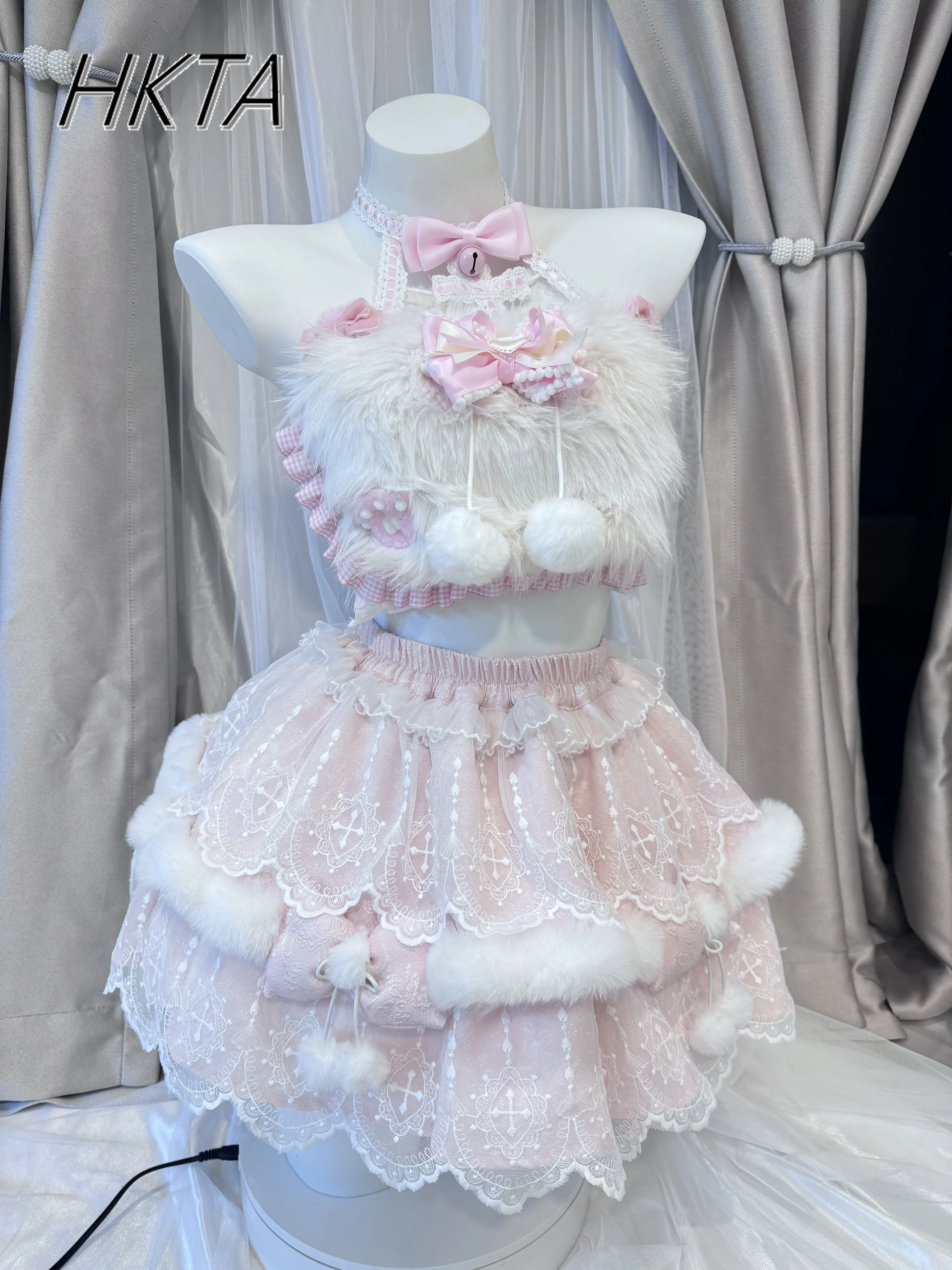 

Kawaii Lo Pink Neck Sling Tube Top Sweet Bow Sleeves Splicing Vest High Waist Pleated Skirt Set Lolita Girl Princess Skirt Women