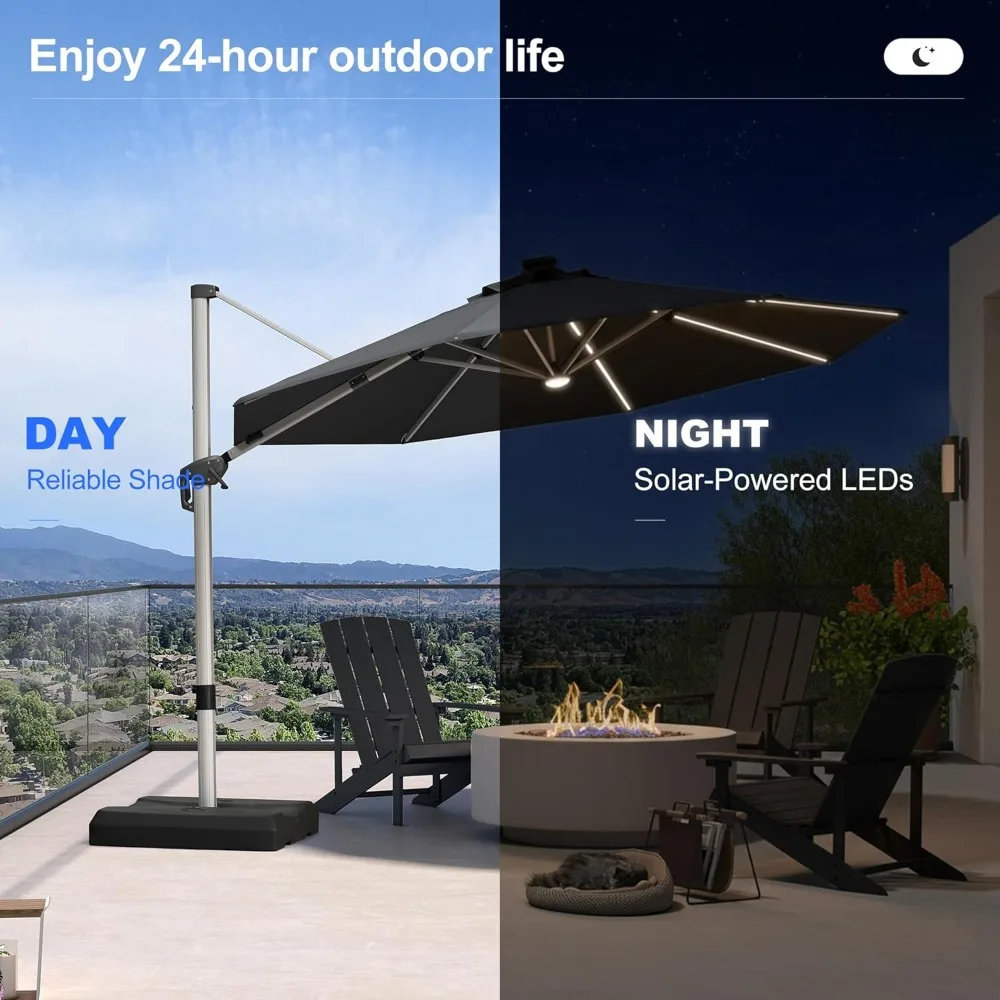 

11ft Patio Umbrella with Lights Outdoor Round Cantilever Solar Powered LED Umbrella with 360-degree Rotation, Customized
