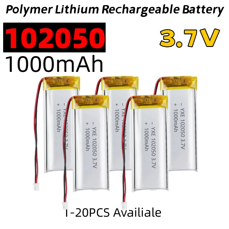 102050 3,7 V 1000 mAh wiederaufladbarer Polymer-Lithium-Akku mit JST PH2.0-Stecker, hohe Kapazität für Kamera, GPS-Navigator, MP5-Headset