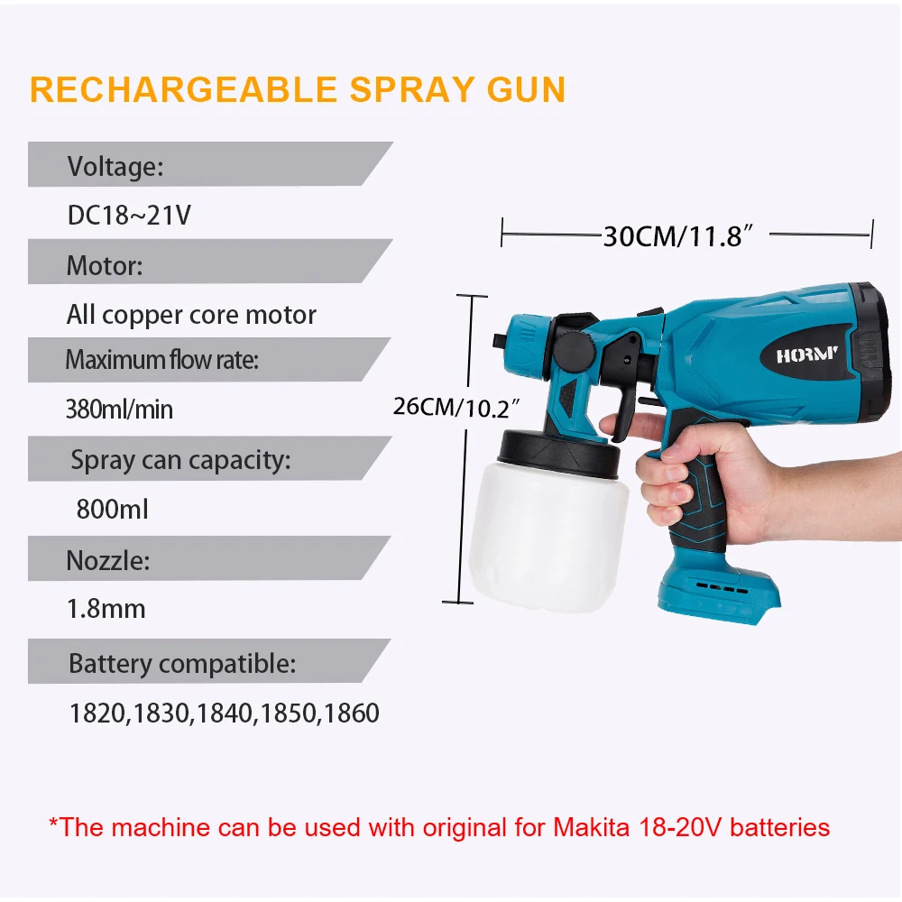 Hormy-Pistola de Pintura Elétrica Sem Fio Brushless, Recarregável, Fácil Pulverização, Aerógrafo de Carro, Makita 18V Battery, 800ml