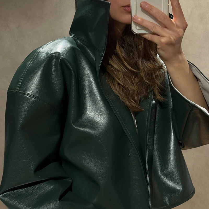 Rollkragen-Kurzjacke aus Kunstleder für Damen, Oversize-Streetwear mit Langen Ärmeln, Einfarbig, Locker Sitzende Mäntel, Schicke Damen-Oberbekleidung, Neue Kollektion – Detail 28
