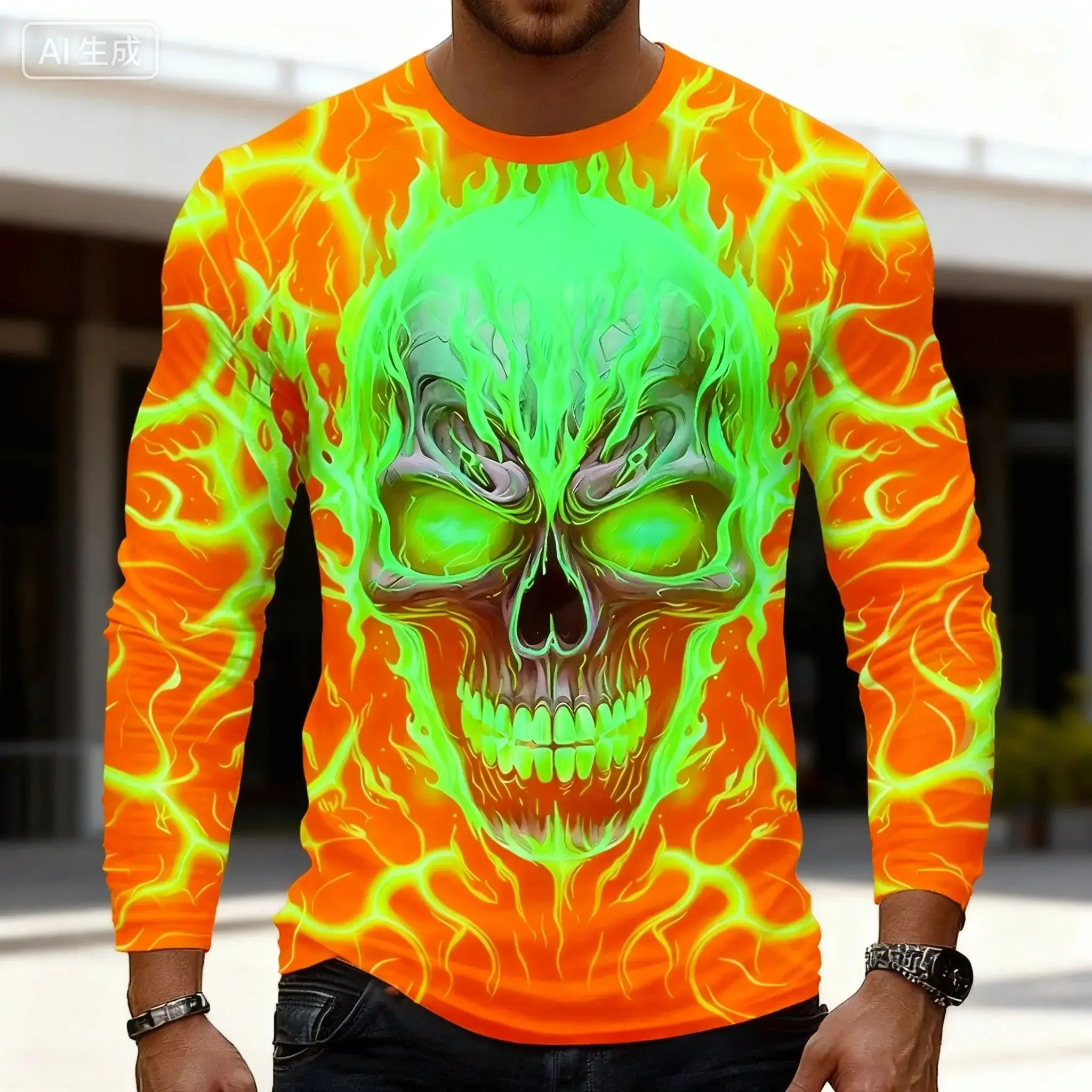 تي شيرت رجالي بتصميم جمجمة ثلاثي الأبعاد مطبوع مريح وجيد التهوية برقبة دائرية مناسب للأنشطة الترفيهية الخارجية #1