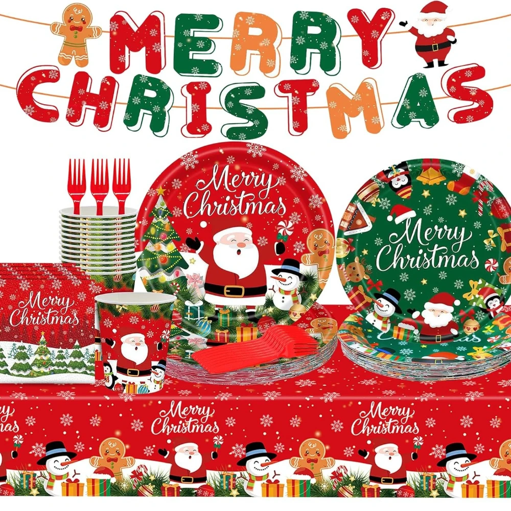 Assiettes jetables pour fête de noël, serviettes à Dessert, tasses, décorations de table, cadeaux pour le nouvel an, fournitures de fête de vacances