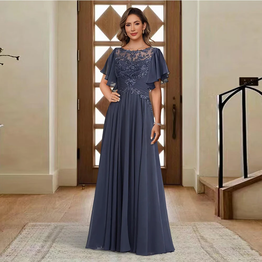 

Customized Women's Ruffle Sleeves Mother of The Bride Dresses for Wedding Jewel Lace Chiffon Aline Formal Evening Gowns 2025