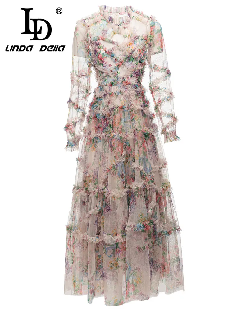 LD LINDA DELLA Summer Runway  Designer Elegant Party Dress Women's Petal Sleeve Print Crumple Irregularity  Lace Long Dress