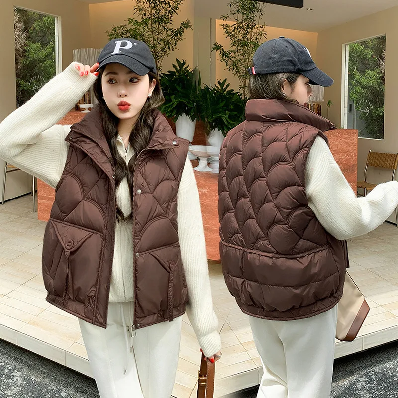 2024 New Korean Womens Down Cotton Vest Coat Autumn Winter Jacket Fashion Sleeveless Waistcoat Female Parkas Warm Puffer Coat