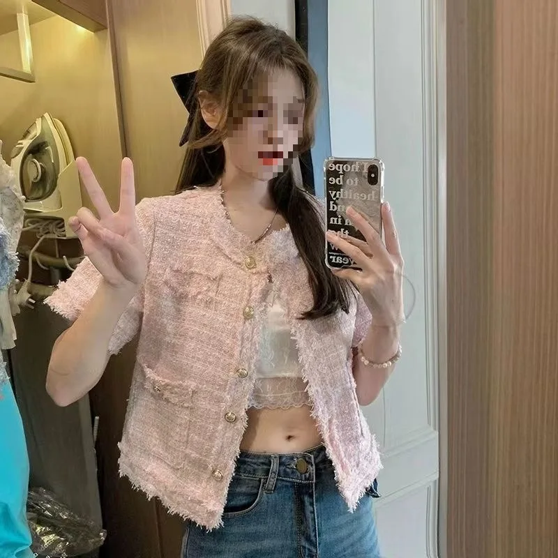 

Твидовый жакет кремового цвета, женский осенний саржевый текстурированный тканый сетчатый контрастный клетчатый сшитый цветной блок, двухцветный, в полоску, модный