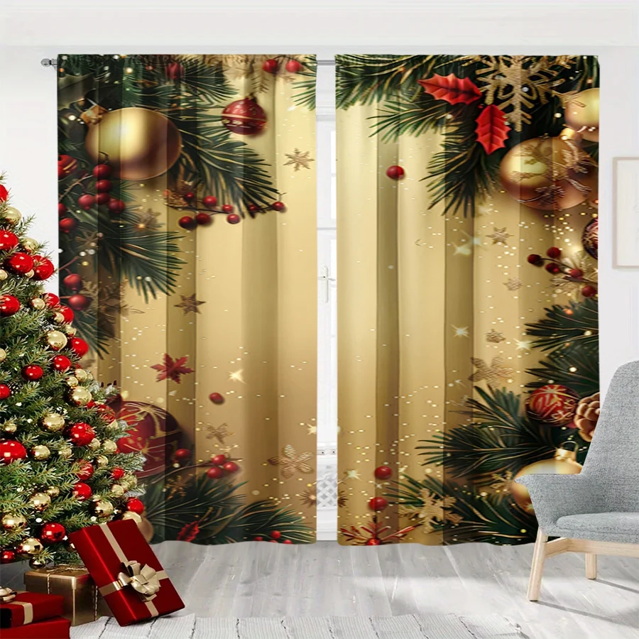 2PCS Digital Print Curtain, Gold Christmas Ornament Balls with Pine Branches and Red Berries on Gold, for Home Window Decoration