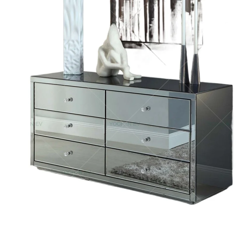 6-Drawer Smoke Grey Mirrored Wood Cabinet Panel Style Living Room Furniture for Home & Apartment Use