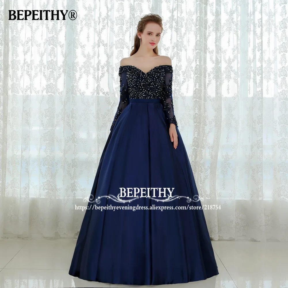 BEPEITHY Robe De Soirée Femme Off  The Shoulder A line Evening Dress Elegant Full Sleeves Purple Lace Bodice Prom Dresses 2023