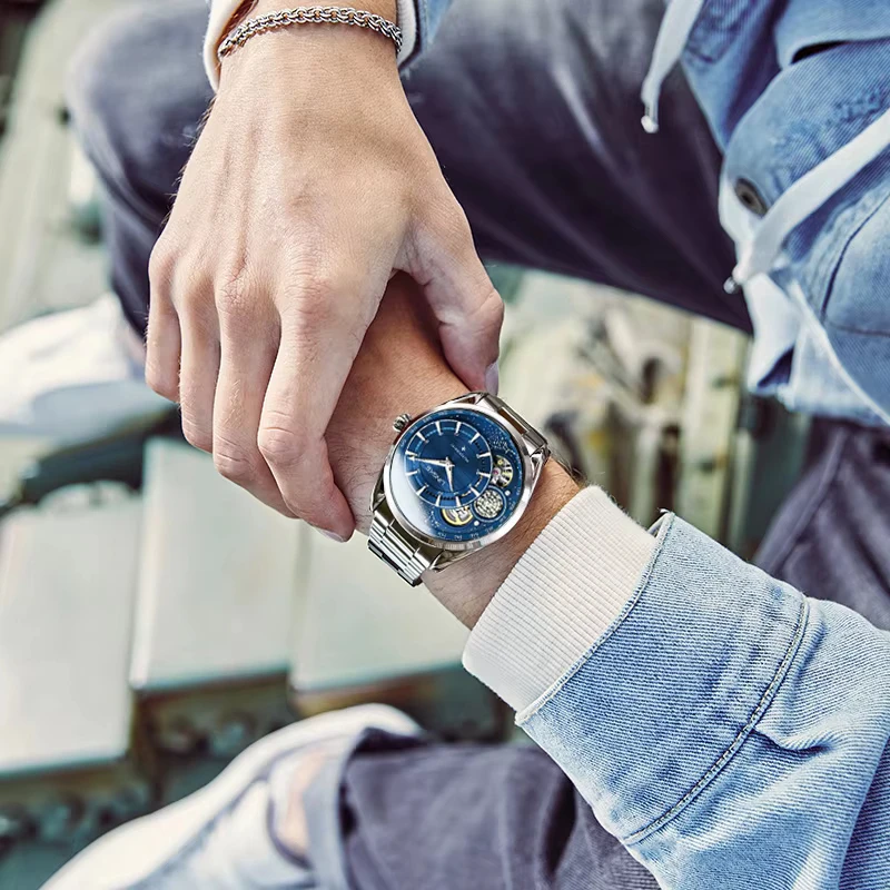 LINGKE orologio meccanico da uomo originale in acciaio inossidabile argento blu lusso luminoso automatico Tourbillon orologi orologio impermeabile