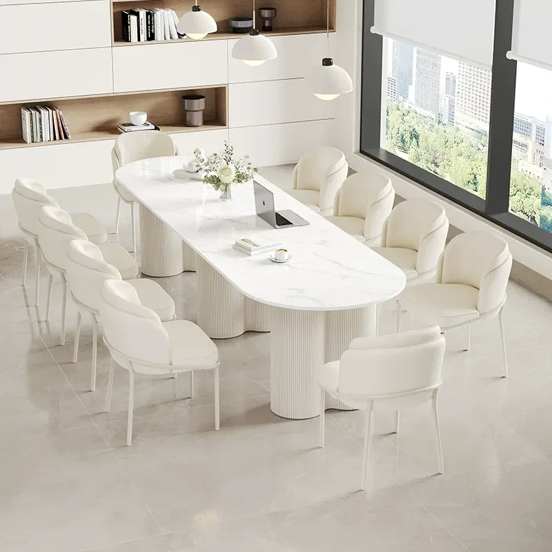 Modern Simple Light Luxury Conference Table Long Desk Snow Mountain White Rock Slab Workbench with Chairs for Office