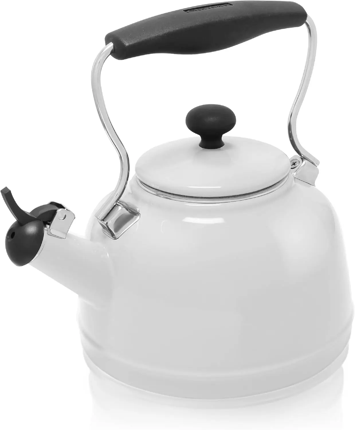 Hervidor de té 1,7 QT, serie Vintage, esmalte Premium en acero al carbono, silbato, calentamiento uniforme y hervir rápido (blanco)