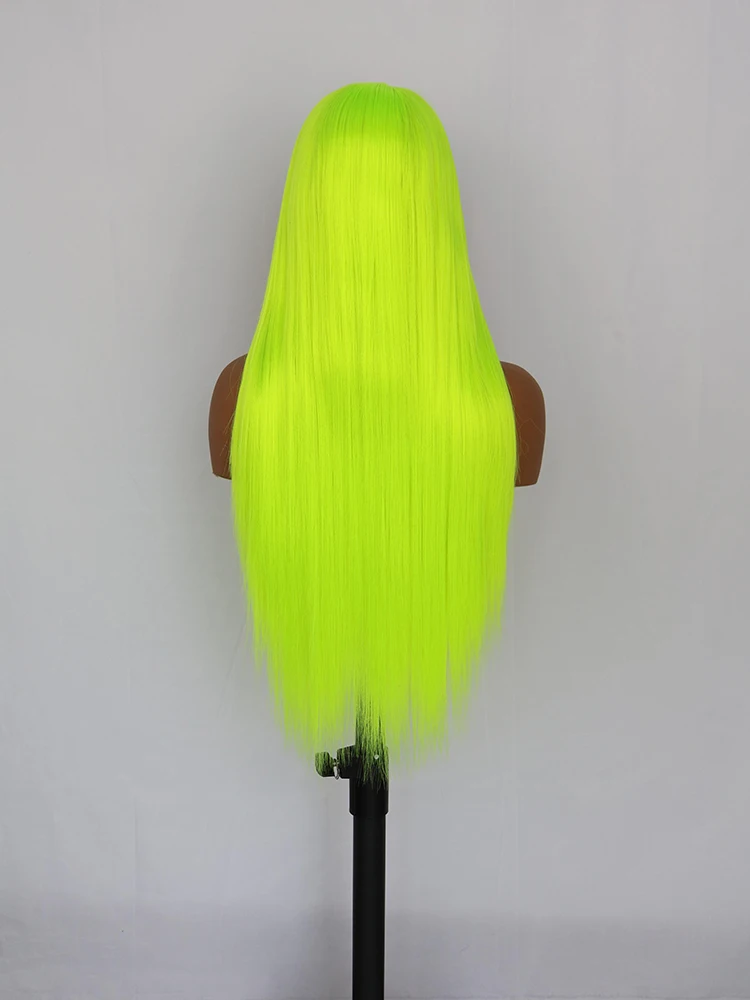 여성용 형광 녹색 합성 레이스 프론트 가발, 미리 뽑은 긴 직선 내열성 교체 가발, 섬유 헤어, 13*3