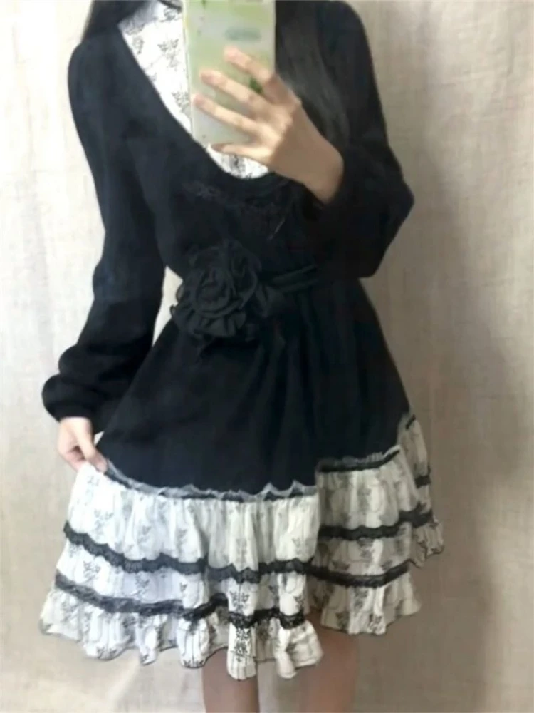 Japanese Lolita Print Patchwork Dress Y2k Harajuku Vintage Kawaii Long Sleeve Midi Dress 2000s French Elegant Fake 2 Piece Dress