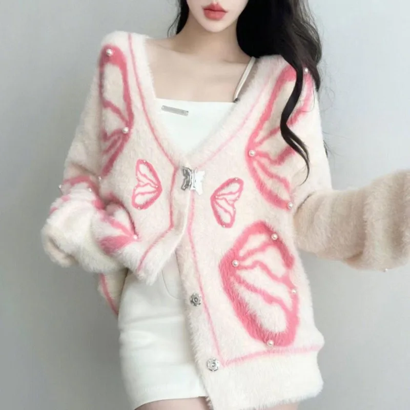 Women Casual V-neck Color Contrast Sweater Women's Autumn Winter 2023 New Loose Female Cardigan Korean Chic Sweet Style Coat