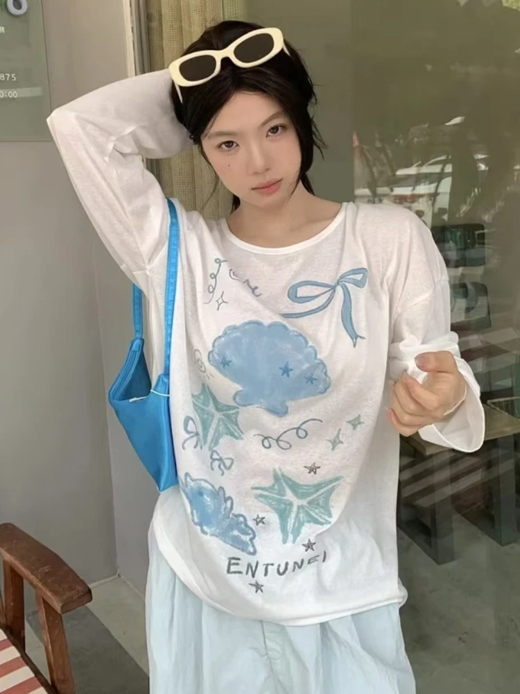 

Женская футболка с принтом граффити, корейская футболка большого размера в стиле Харадзюку Y2k, винтажная рубашка с длинными рукавами и солнцезащитным прикрытием, топы, уличная одежда, топы