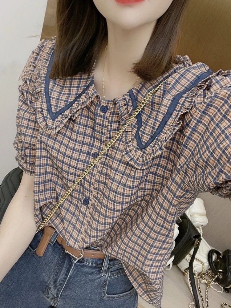 

Women's Peter Pan Collar Puff Sleeves Designer Style Plaid Shirt 2026 Summer New Arrival Versatile Top