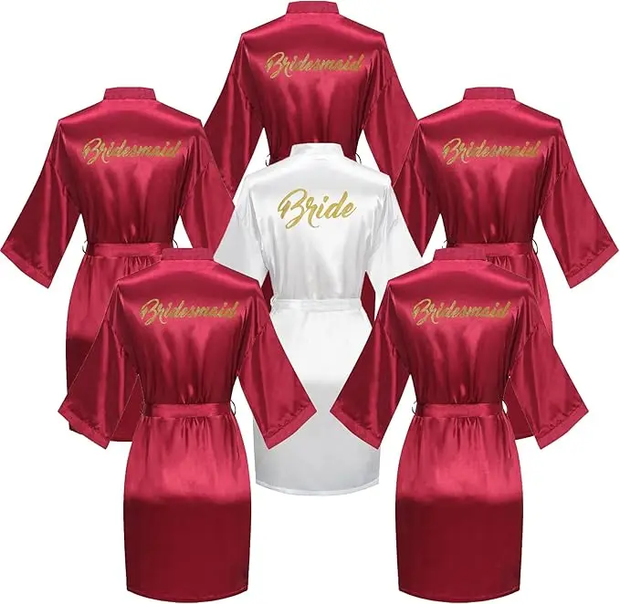 6 Pieces Bridal Shower Bathrobe Set for Bride and Bridesmaid Silky Robe Set Getting Ready Dressing Gown
