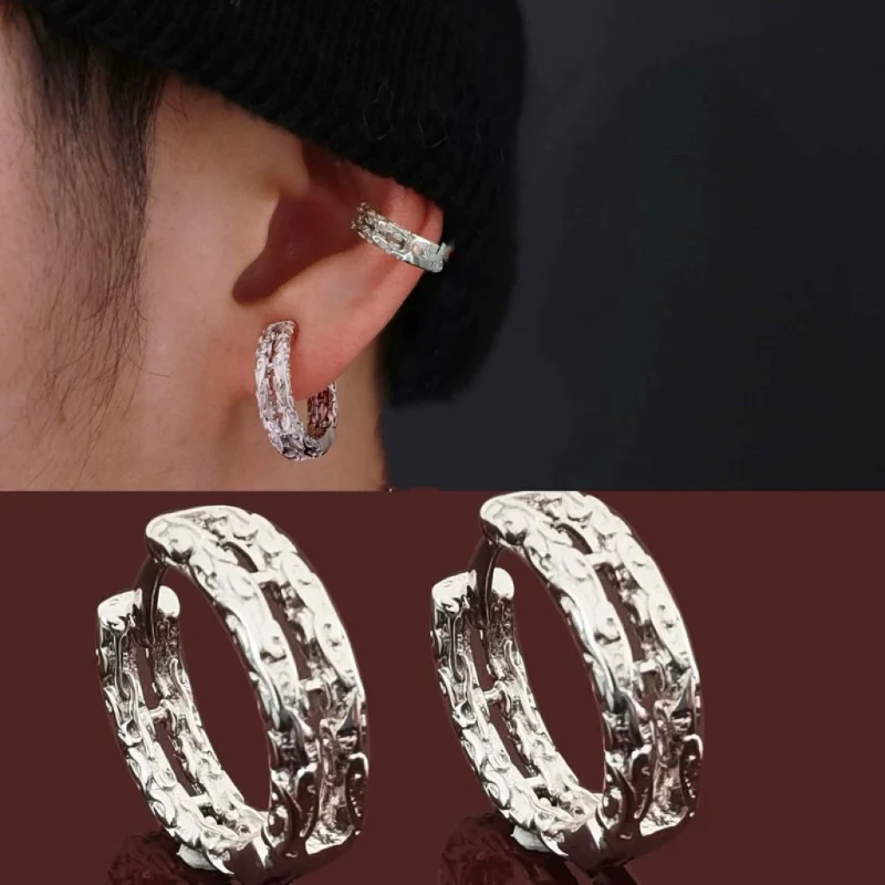 Geometric Lines Double-layer Earrings Men\'s Trendy Personality Irregular Texture 925 Silver Ear Buckle Wave Moire Black Ear Ring