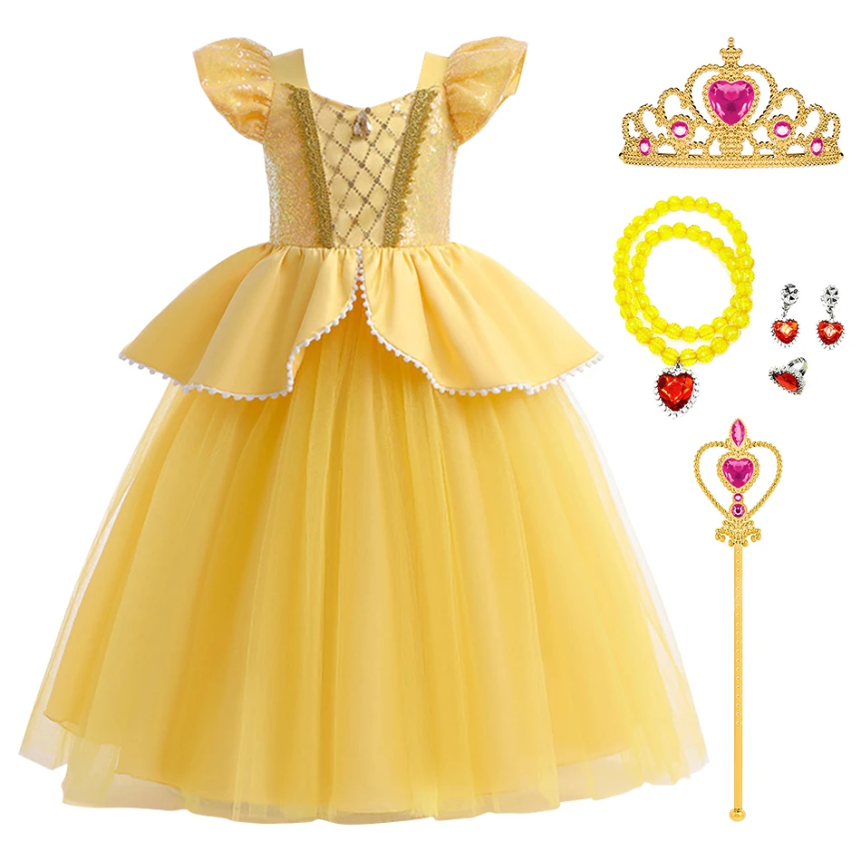 

Kids Princess Style Clothing Children Birthday Yellow Sequin Big Bowknot Cosplay Dress Little Girls Christmas Luxury Fancy Gown