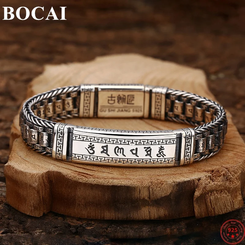 

BOCAI S925 Sterling Silver Bracelets for Men New Fashion Prayer Wheel Six Syllable Mantra PiXiu Weaven-chain Amulet Jewelry