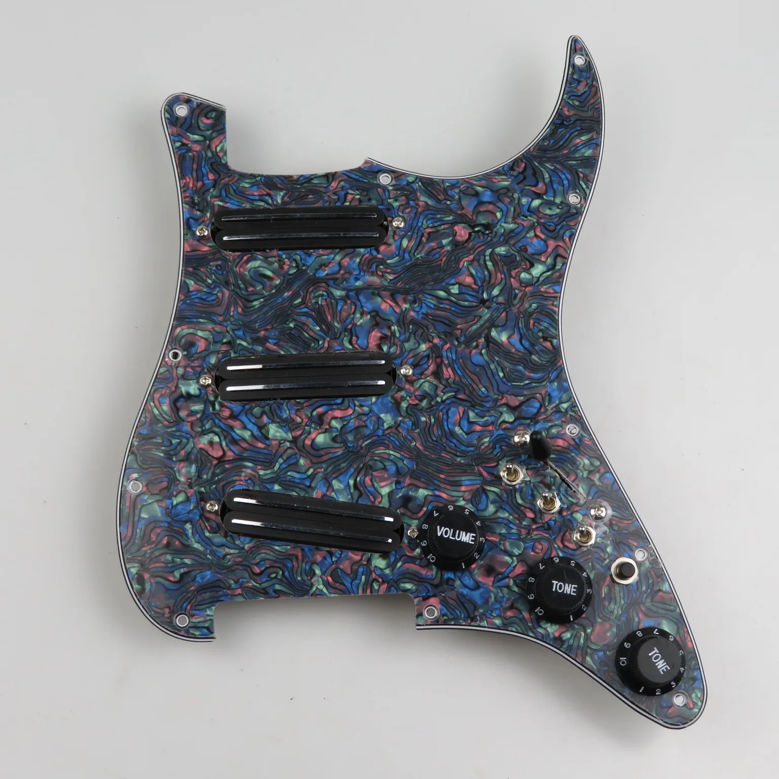 SSS Loaded Prewired Pickguard Abalone Shell Swirl 4Ply Scratch Plate Black Double Rail Single Coil Pickups 1V2T Black Knobs