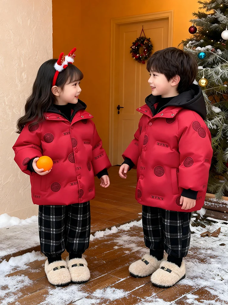 

Утепленная пуховая куртка для детей: мальчиков и девочек, зимнее пальто, теплая верхняя одежда из полиэфирного волокна, новогодний наряд для малышей